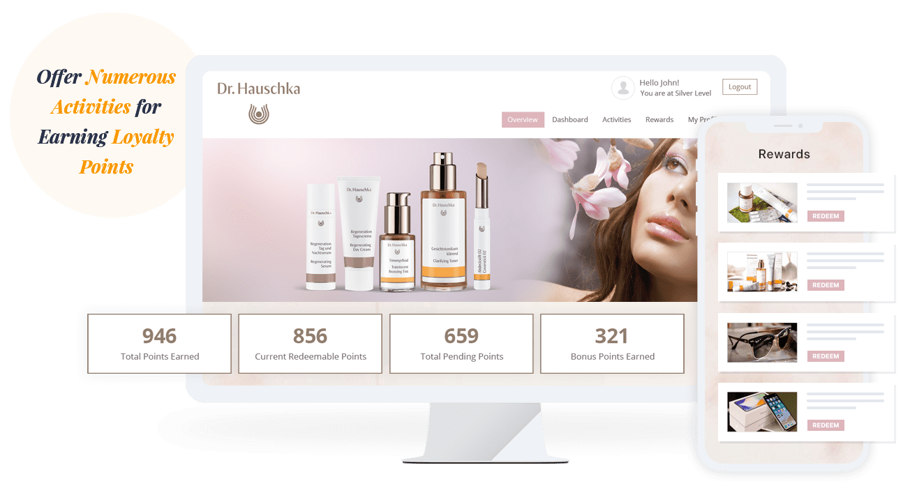 A skincare brand’s loyalty program user interface showing the points earned and redeemed along with access to rewards