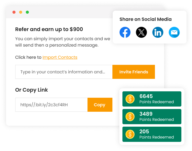 Users import contacts and earn rewards for referring customers with vanity referral links