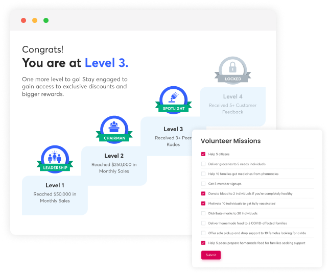 Gamification features within a loyalty rewards software displaying tiers and custom goals 